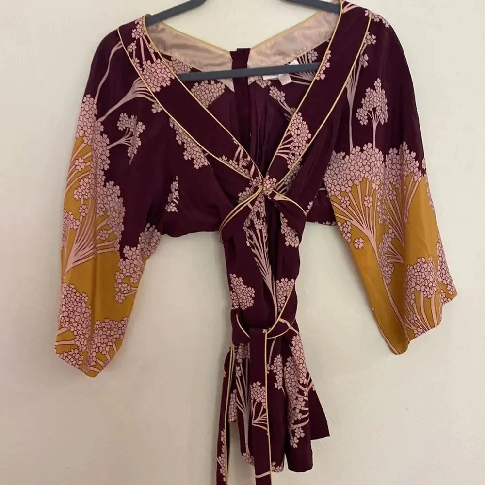 Rebecca Taylor sz 0 silk kimono style blouse w/ tie, burgundy pink and marigold